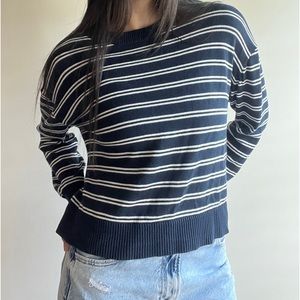 Navy blue and white striped crew neck sweater from Everlane